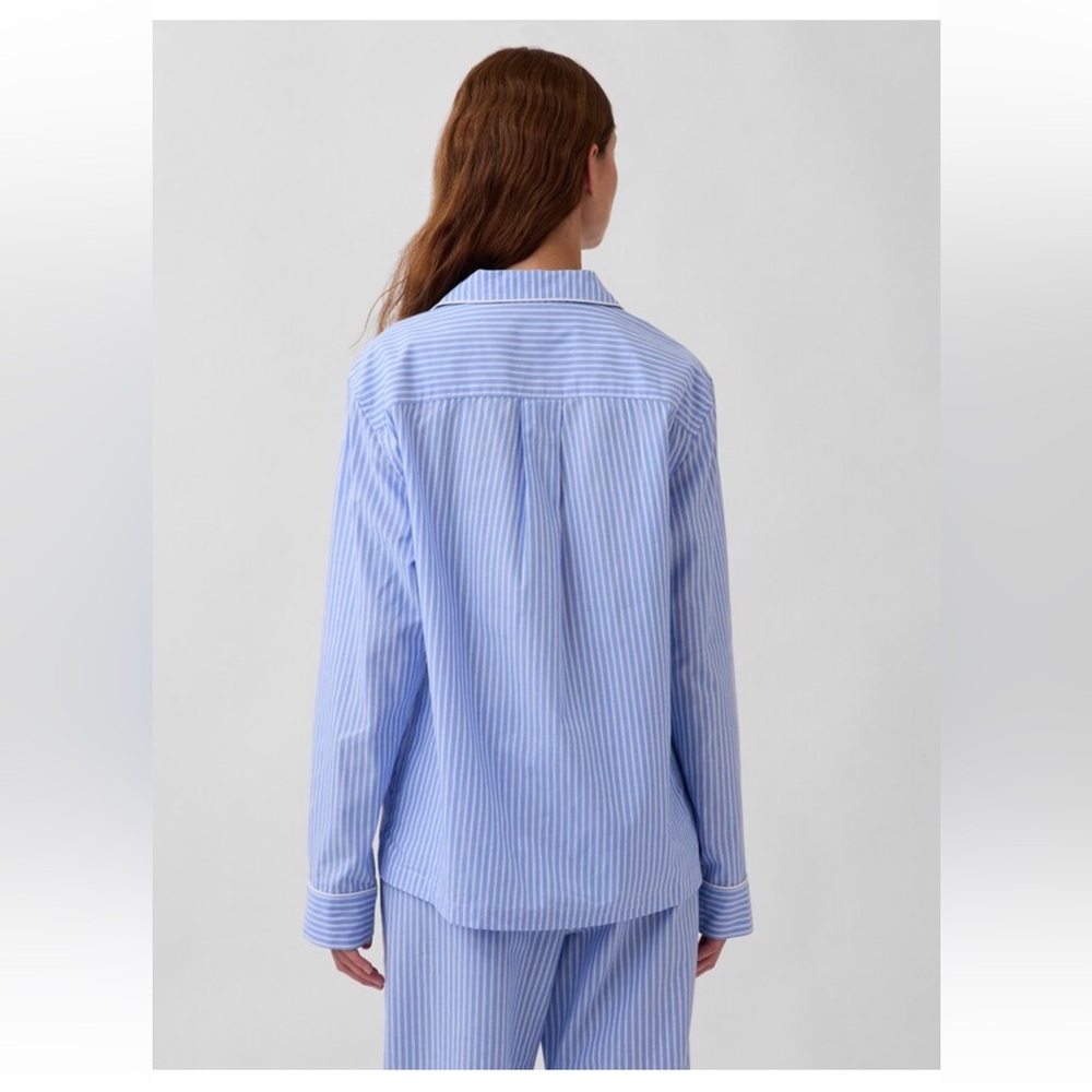 New Gap Pajama Top Women’s Small Poplin 100% cotton Long Sleeve Blue Striped - Picture 3 of 9